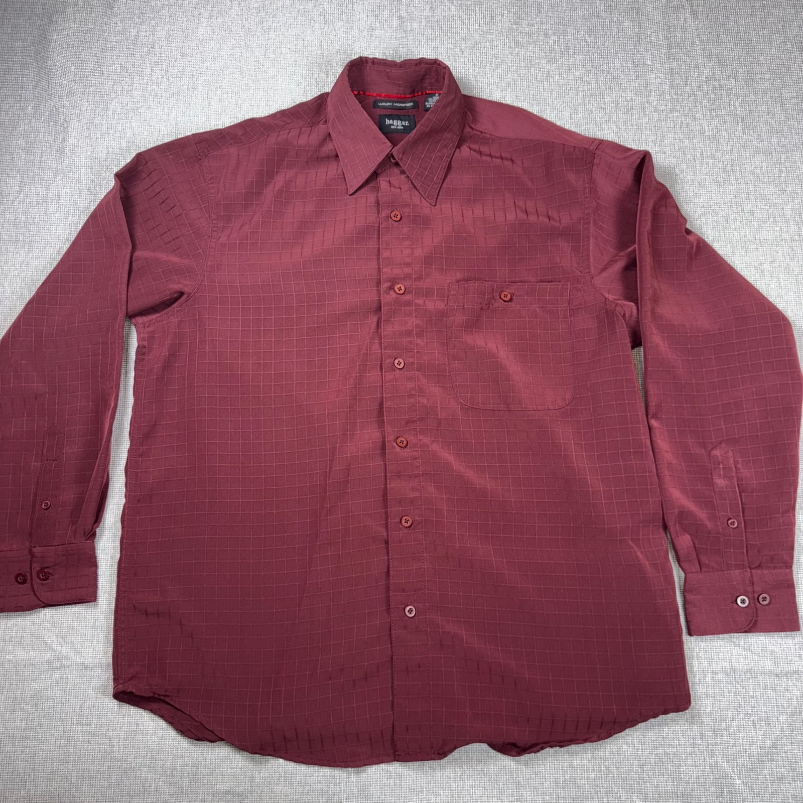Haggar Mens Burgundy Luxury Microfiber Grid Button Down Shirt Maroon Medium